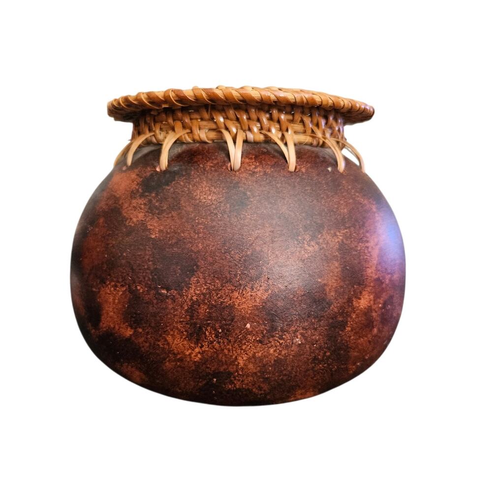 Vintage Studio Pottery Vase Woven Rattan Rim Brown Decorative Vessel Rustic